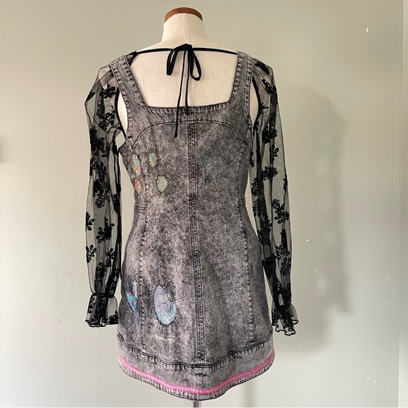 We The Free Upcycled denim overall dress Sashiko embroidered handmade size 12 - Picture 12 of 13